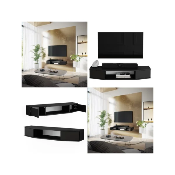 Meuble TV Noir 110 cm 2 Portes Meuble Télévision Moderne Meuble Télé Salon