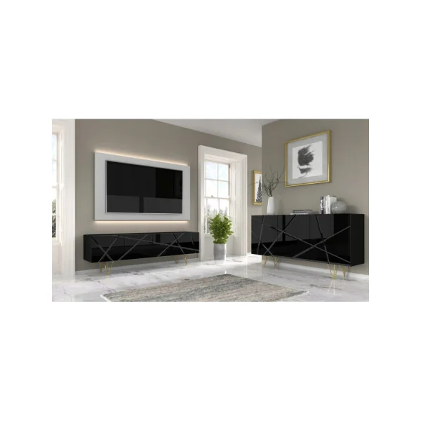 Meuble TV Noir Brillant Moderne Meuble Téléviseur 4 Placards Pieds Dorés
