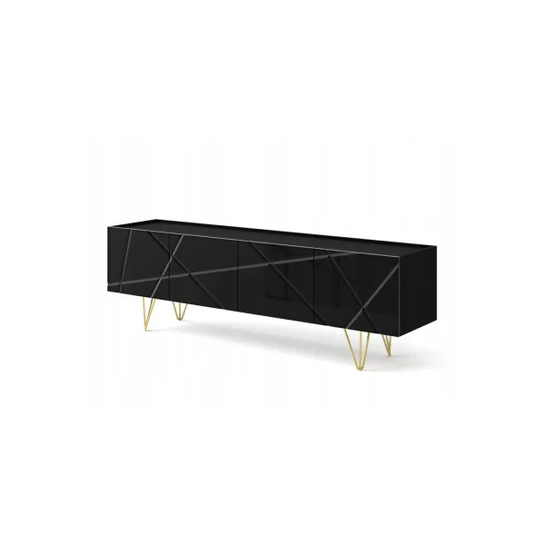Meuble TV Noir Brillant Moderne Meuble Téléviseur 4 Placards Pieds Dorés