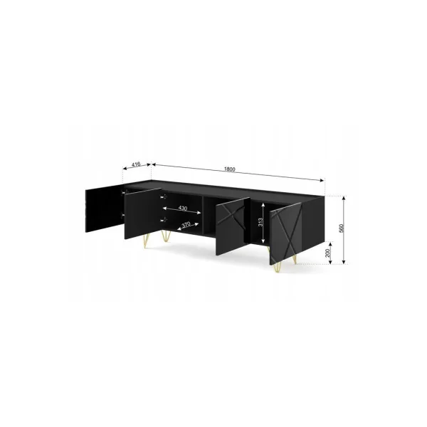 Meuble TV Noir Brillant Moderne Meuble Téléviseur 4 Placards Pieds Dorés