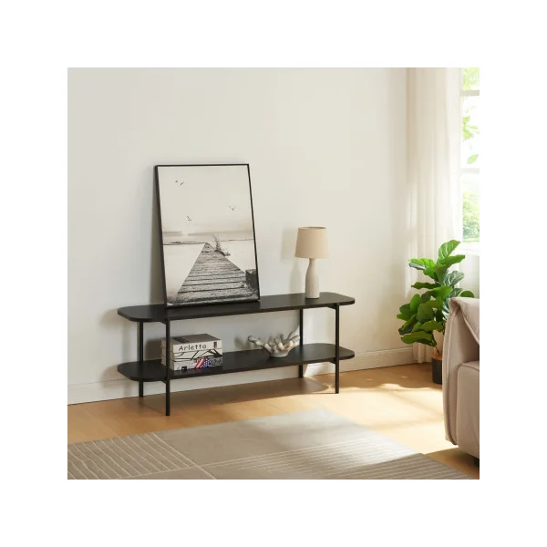 Meuble TV Noir Epuré en Acier et Bois 2 Plateaux Meuble Télévision