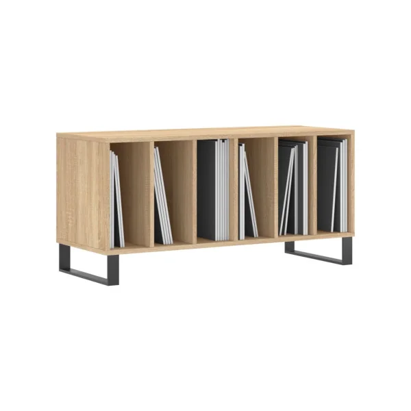 Meuble Vinyles Chêne 6 Compartiments Rangement Vinyles Moderne Pied Métal