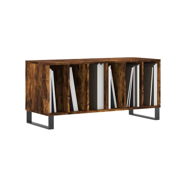Meuble Vinyles Chêne Fumé 6 Compartiments Rangement Vinyles Moderne Pied Métal