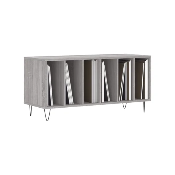 Meuble Vinyles Chêne Gris Pieds Epingles 6 Compartiments Rangement Vinyles Moderne
