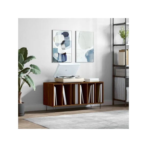 Meuble Vinyles Chêne Marron Pieds Epingles 6 Compartiments Rangement Vinyles Moderne