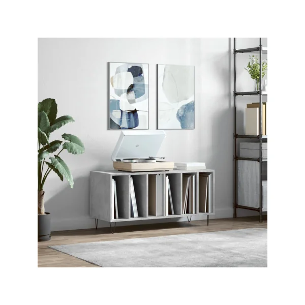 Meuble Vinyles Gris Béton Pieds Epingles 6 Compartiments Rangement Vinyles Moderne