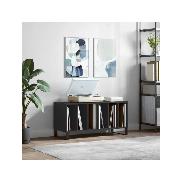 Meuble Vinyles Noir 6 Compartiments Rangement Vinyles Moderne Pied Métal