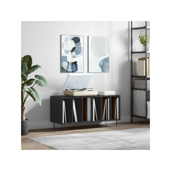 Meuble Vinyles Noir Pieds Epingles 6 Compartiments Rangement Vinyles Moderne