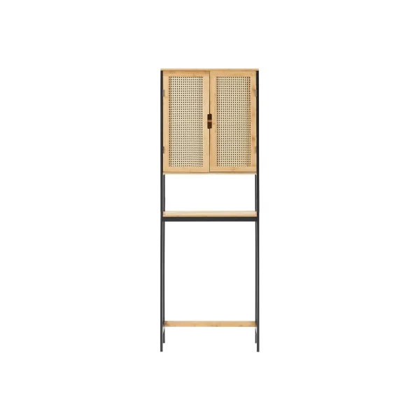Meuble WC Gain de place Etagère WC avec 2 portes Placard WC Bambou Rotin et Noir