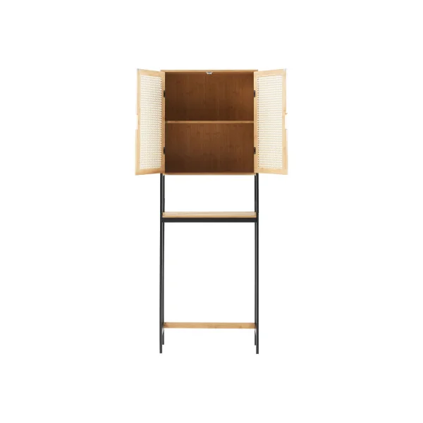 Meuble WC Gain de place Etagère WC avec 2 portes Placard WC Bambou Rotin et Noir