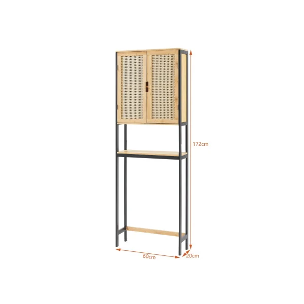 Meuble WC Gain de place Etagère WC avec 2 portes Placard WC Bambou Rotin et Noir