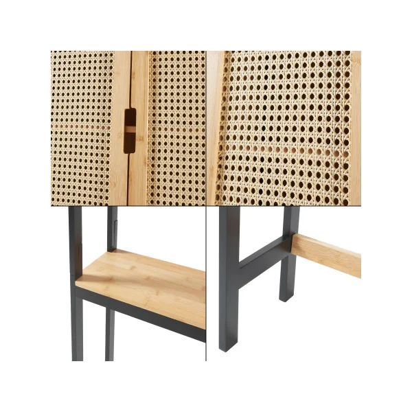 Meuble WC Gain de place Etagère WC avec 2 portes Placard WC Bambou Rotin et Noir