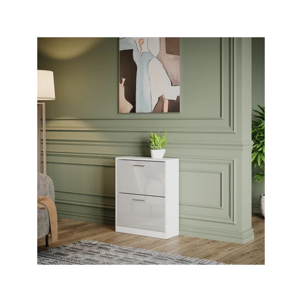 Meuble à Chaussures 6 paires Blanc Brillant Rangement Chaussures 2 Rabats Meuble Chaussures