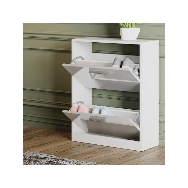 Meuble à Chaussures 6 paires Blanc Brillant Rangement Chaussures 2 Rabats Meuble Chaussures