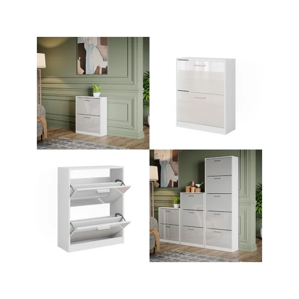 Meuble à Chaussures 6 paires Blanc Brillant Rangement Chaussures 2 Rabats Meuble Chaussures
