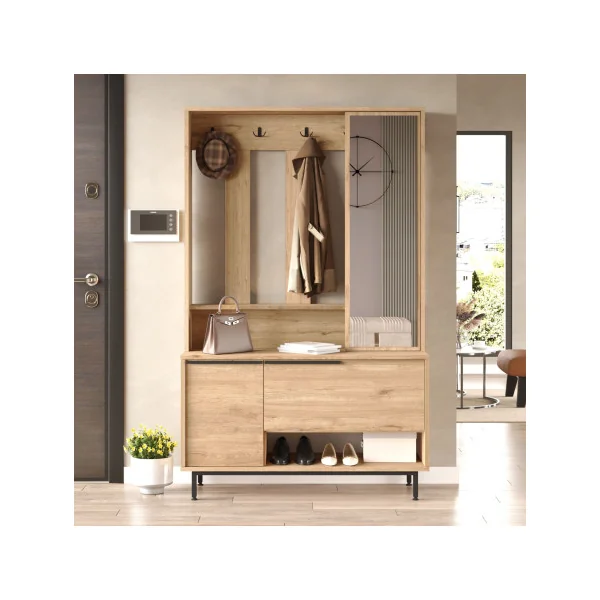 Meuble à Chaussures Chêne avec Porte Manteaux et Miroir Meuble d'entrée