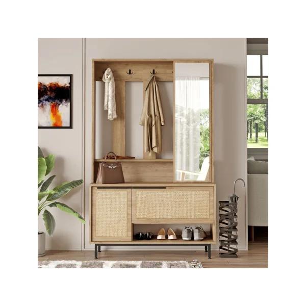 Meuble à Chaussures Chêne et Rotin avec Porte Manteaux et Miroir Meuble d'entrée