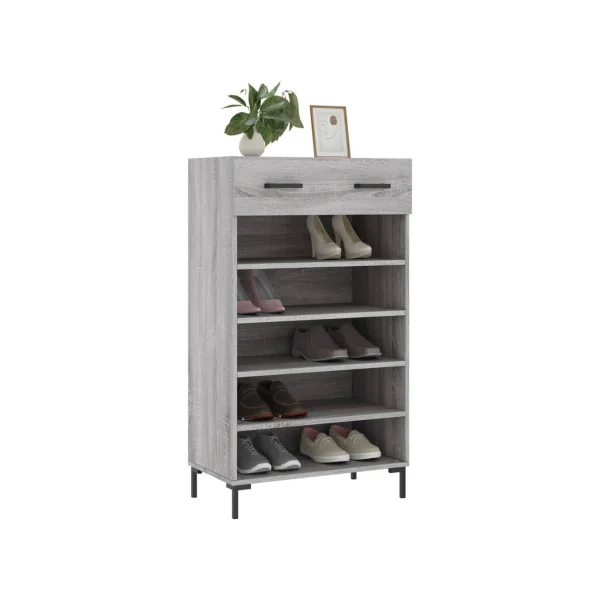 Meuble à Chaussures Chêne Gris 1 Tiroir Armoire à Chaussures Pieds Métal