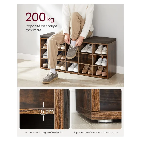 Meuble à Chaussures Marron Rustique avec Coussin Rangement chaussures 15 compartiments