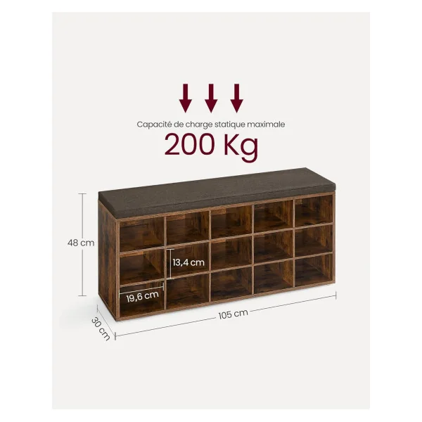 Meuble à Chaussures Marron Rustique avec Coussin Rangement chaussures 15 compartiments