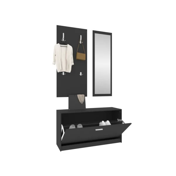 Meuble à Chaussures Noir avec Porte Manteaux et Miroir Rangement Chaussures Meuble d'Entrée