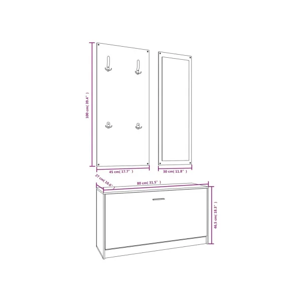 Meuble à Chaussures Noir avec Porte Manteaux et Miroir Rangement Chaussures Meuble d'Entrée