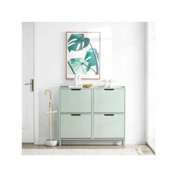 Meuble à Chaussures Vert 4 Abattants Armoire Chaussure Moderne Meuble d'Entrée Tendance