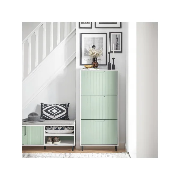 Meuble à Chaussures Vert et Blanc 3 Abattants Armoire Chaussure Moderne