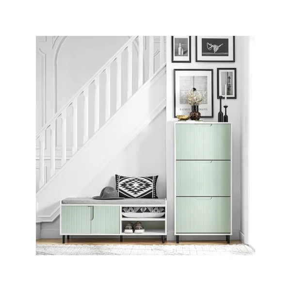 Meuble à Chaussures Vert et Blanc 3 Abattants Armoire Chaussure Moderne