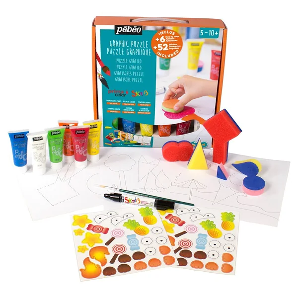 Mini Coffret Atelier Primacolor "Graphic Puzzle" 6 x 20 ml couleurs assorties et accessoires
