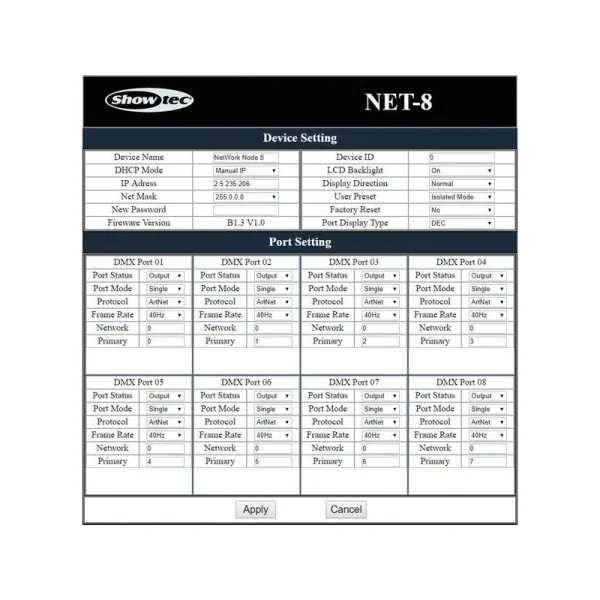 NET-8/3 Showtec Node Artnet 8 univers 8 sorties XLR 3 points