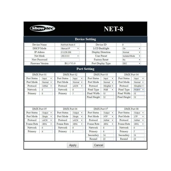 NET-8/3 Showtec Node Artnet 8 univers 8 sorties XLR 3 points