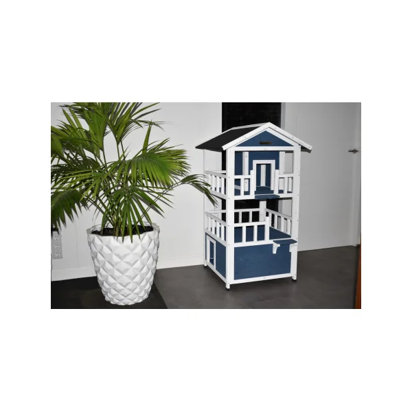 Niche Chat 3 Niveaux Moderne Bleu et Blanc Maisonnette Chat en Bois