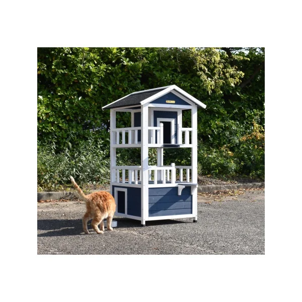 Niche Chat 3 Niveaux Moderne Bleu et Blanc Maisonnette Chat en Bois
