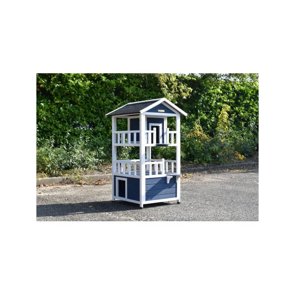 Niche Chat 3 Niveaux Moderne Bleu et Blanc Maisonnette Chat en Bois