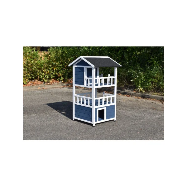 Niche Chat 3 Niveaux Moderne Bleu et Blanc Maisonnette Chat en Bois