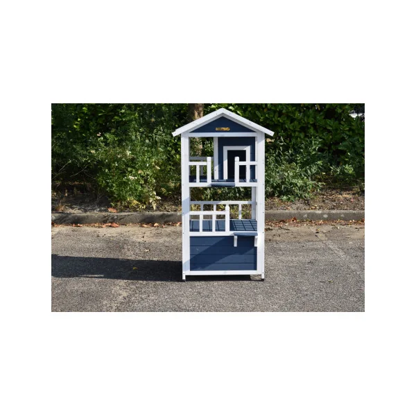 Niche Chat 3 Niveaux Moderne Bleu et Blanc Maisonnette Chat en Bois