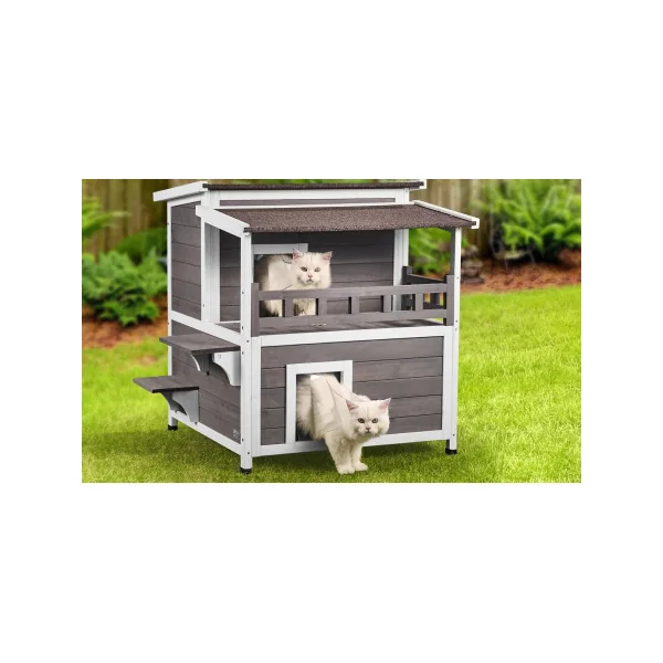 Niche Chat en Bois de Cèdre Maison Cabane Chat 2 Etages Intérieur Extérieur