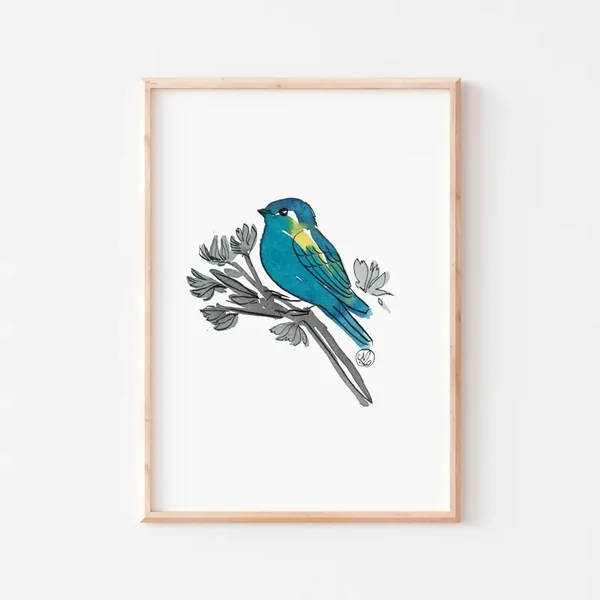 Oiseau bleu et jaune sur une branche – Nadège Lelièvre