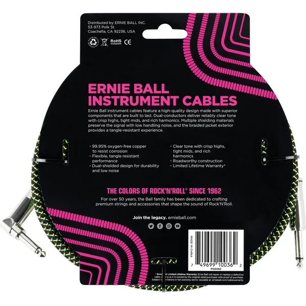 P06082 Braided 18ft Straigth / Angle Instrument Cable - Black & Green