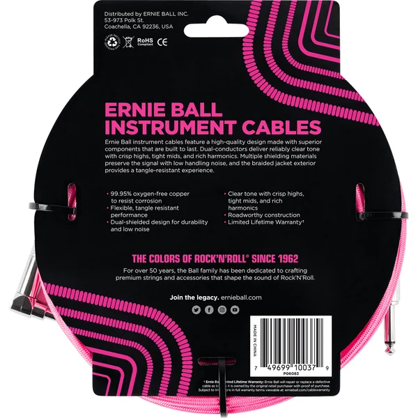 P06083 Braided 18ft Straigth / Angle Instrument Cable - Neon Pink