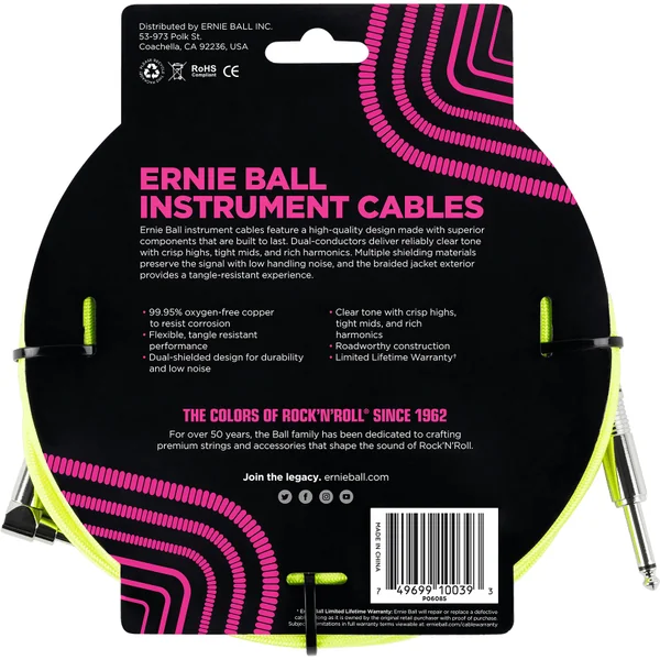P06085 Braided 18ft Straigth / Angle Instrument Cable - Neon Yellow