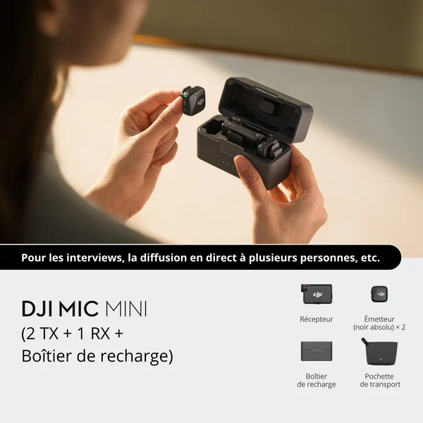 Pack DJI Mic Mini (2 TX + 1 RX + Boîtier de recharge) + Adaptateur pour téléphone mobile (Lightning)