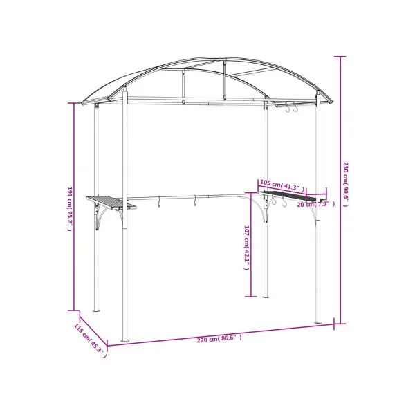 Pergola de Jardin Abri Barbecue Gazebo BBQ Anthracite avec Etagères Toit Arrondi