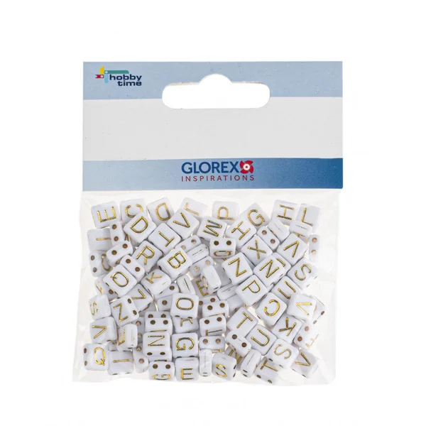 Perles cubes en plastique avec trou alphabet blanc/or