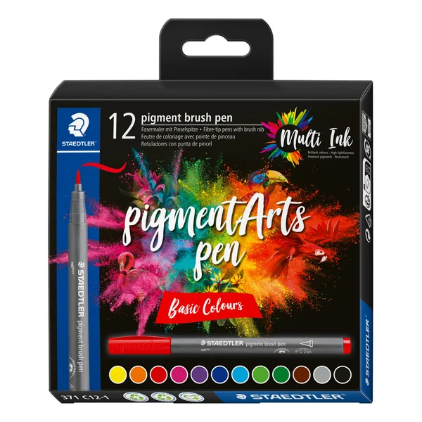 Pigment brush 371 - Etui carton 12 feutres pointe pinceau couleurs basiques assorties - Encre Multi Ink intense