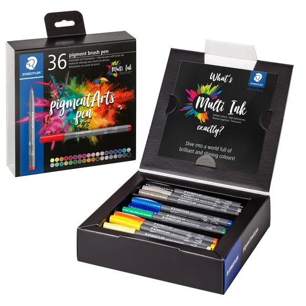 Pigment brush 371 - Etui carton 36 feutres pointe pinceau couleurs assorties - Encre Multi Ink intense