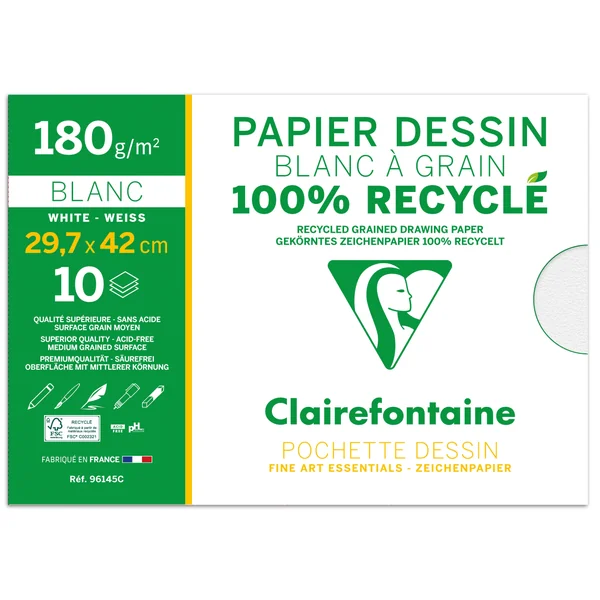 Pochette 10 feuilles papier dessin recyclé à grain A3 - 180 gr/m²