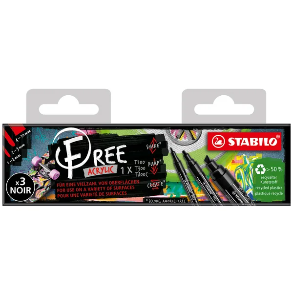 Pochette 3 marqueurs acrylique FREE noirs - Pointe fine/moyenne/large