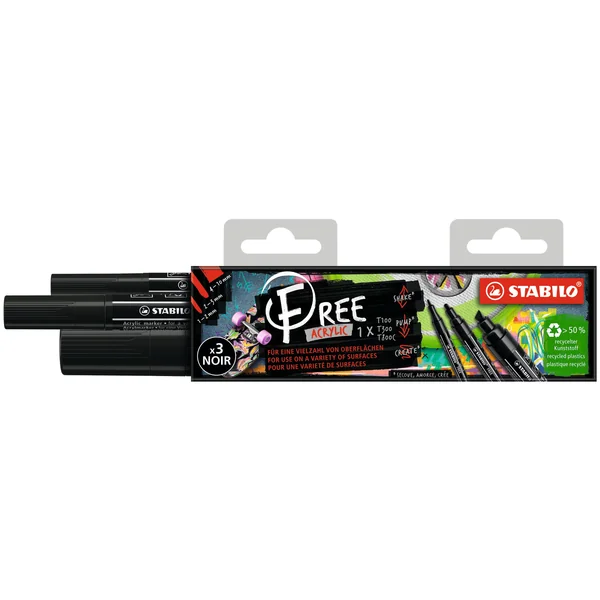 Pochette 3 marqueurs acrylique FREE noirs - Pointe fine/moyenne/large